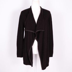 Neiman Marcus Cashmere Suede Trim Brown Open Draped Cardigan Sweater SZ M